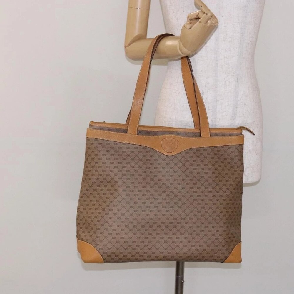 GUCCI Micro GG Supreme Tote Bag PVC Beige Gold Auth ki5973